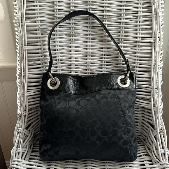 COACH Black Signature C Sateen Shoulder Bag with Creased Leather Trim - Picture 12 of 16